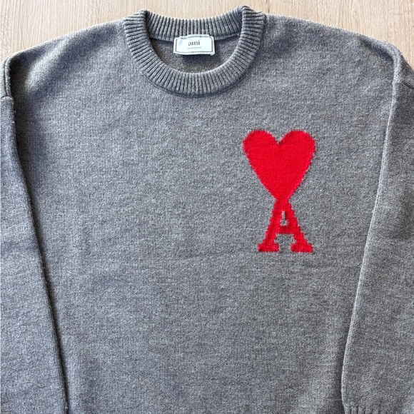 AMI Paris De Coeur Red Heart Intarsia Wool Sweater Grey Oversized Medium Unisex - Picture 3 of 15
